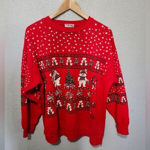 Vintage Sky Lite 80s Red Teddy Bear Christmas Crewneck Sweater Glitter Large USA